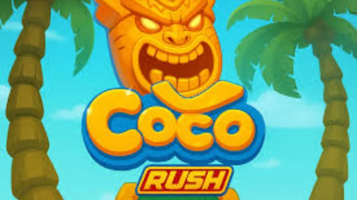 Interface vibrante e tropical do slot Coco Rush com símbolos de frutas e moedas douradas.