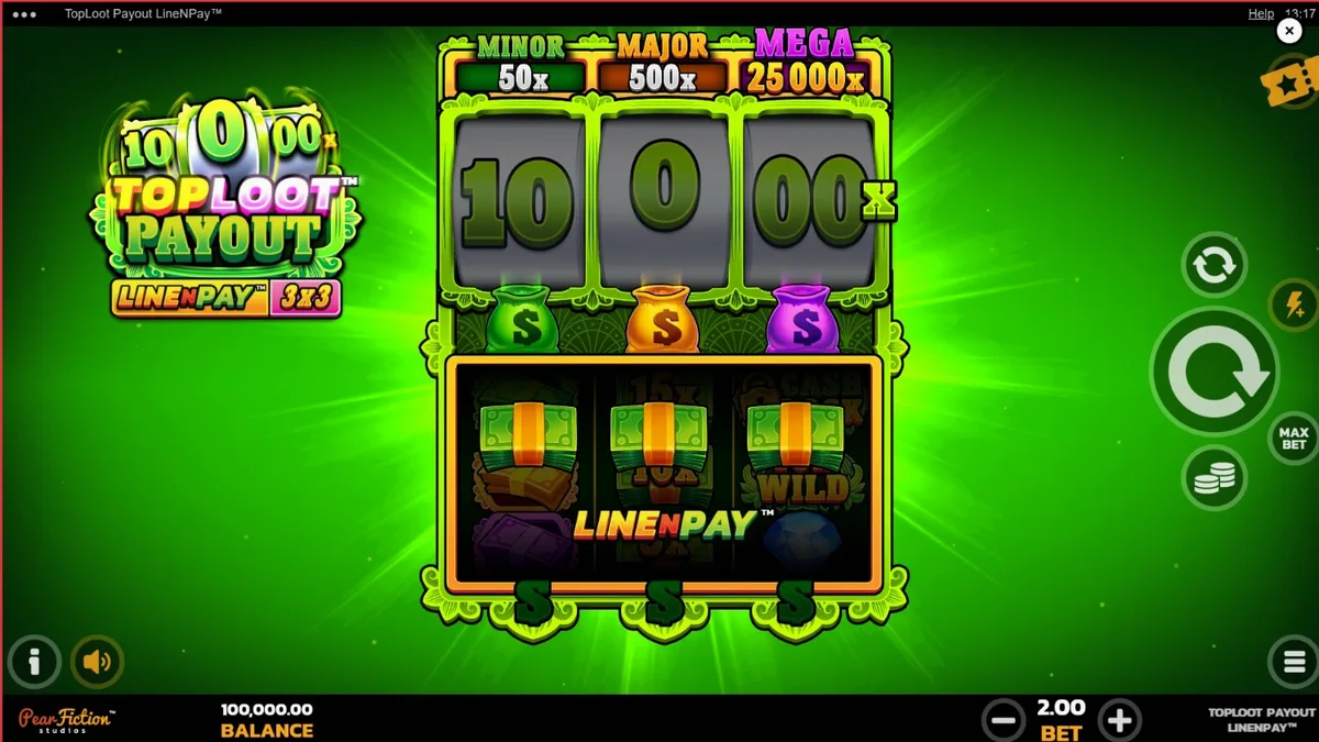 Interface do jogo de slot TopLoot Payout LineNPay com tema de tesouros e joias