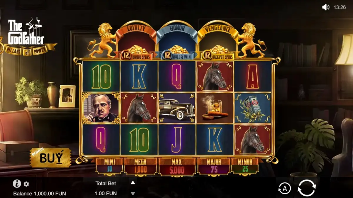 Interface do slot The Godfather: 3 Pillars of Power com elementos temáticos de máfia