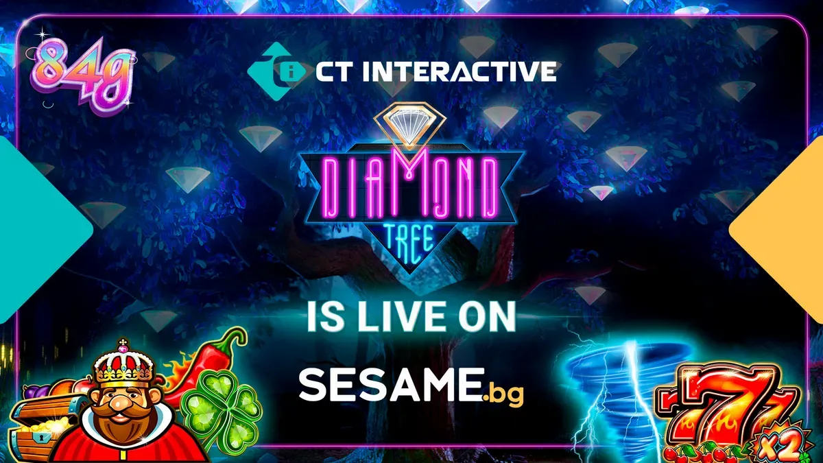 Imagem promocional do Jackpot Diamond Tree da CT Interactive, destacando a árvore de diamantes e os logotipos dos jogos associados.